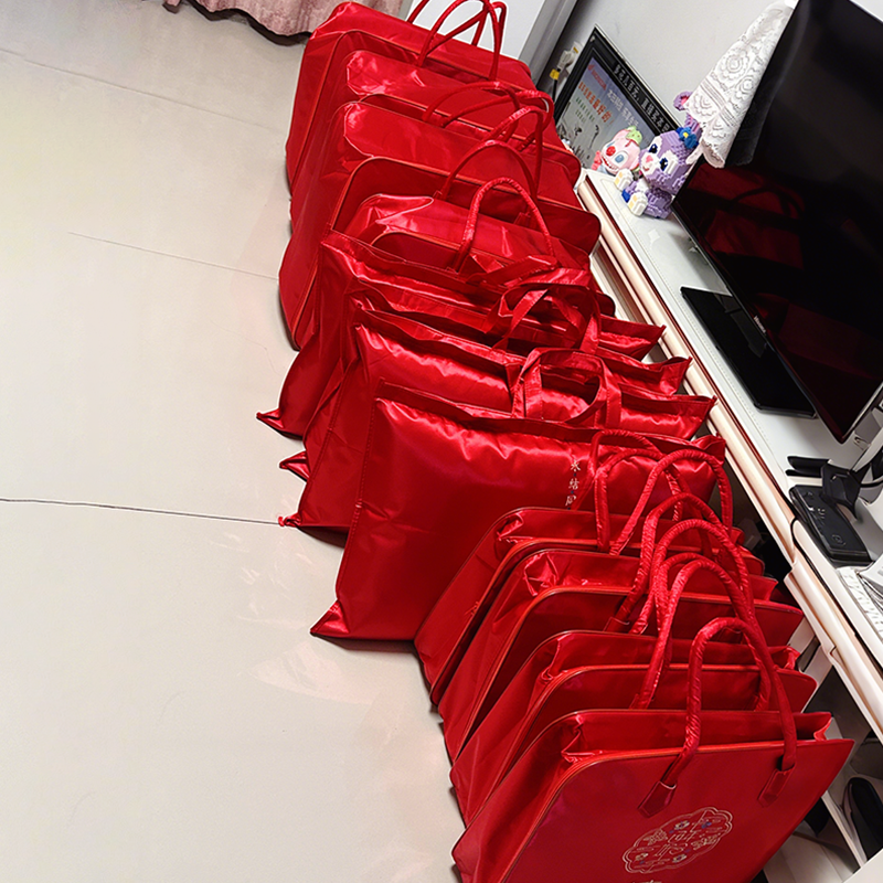 结婚被子收纳袋婚庆四件套手提喜袋加厚刺绣红色陪嫁袋子牛津布袋