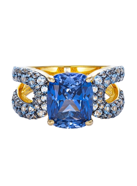 JCJ时装珠宝HighJewelPlay系列925银长枕垫形合成蓝宝石密镶戒指