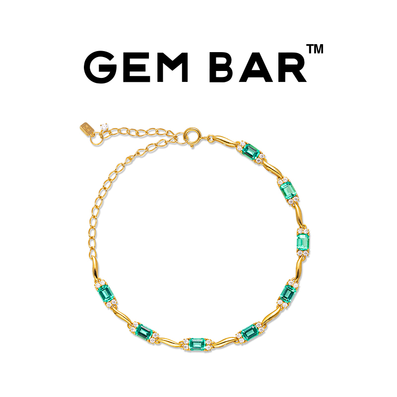 JCJ时装珠宝GEMBAR 9K金锆石复古长方合成祖母绿手链