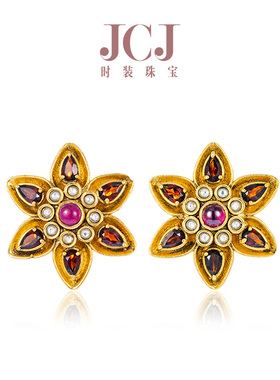 JCJ时装珠宝艺术派系列925银复古红色琉璃繁花耳饰