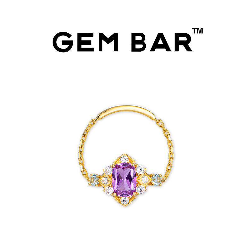 JCJ时装珠宝GEMBAR 9K金锆石紫红色合成蓝宝石软链戒指