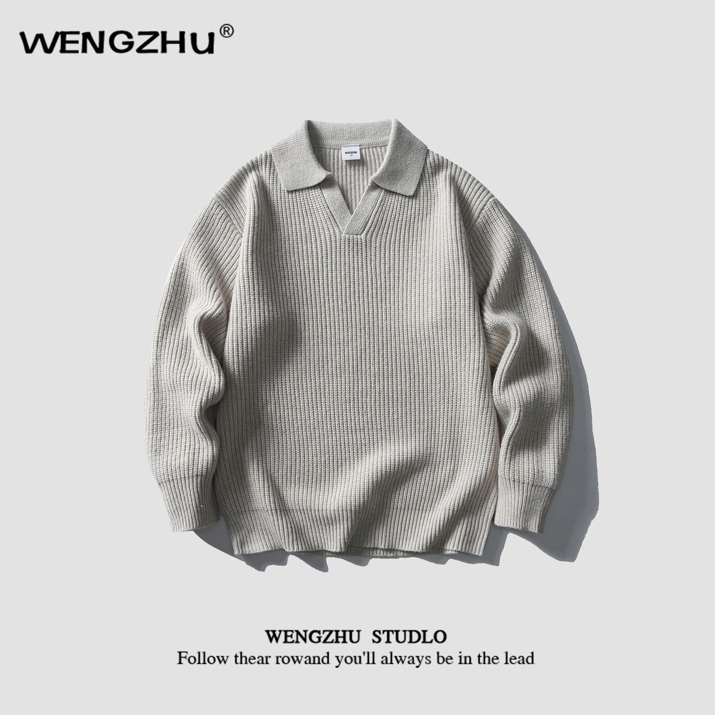 thumbnail for WENGZHU "Designer Brand" Unisex Heavyweight Chunky Strip Half-Open V-neck Sweater Trend