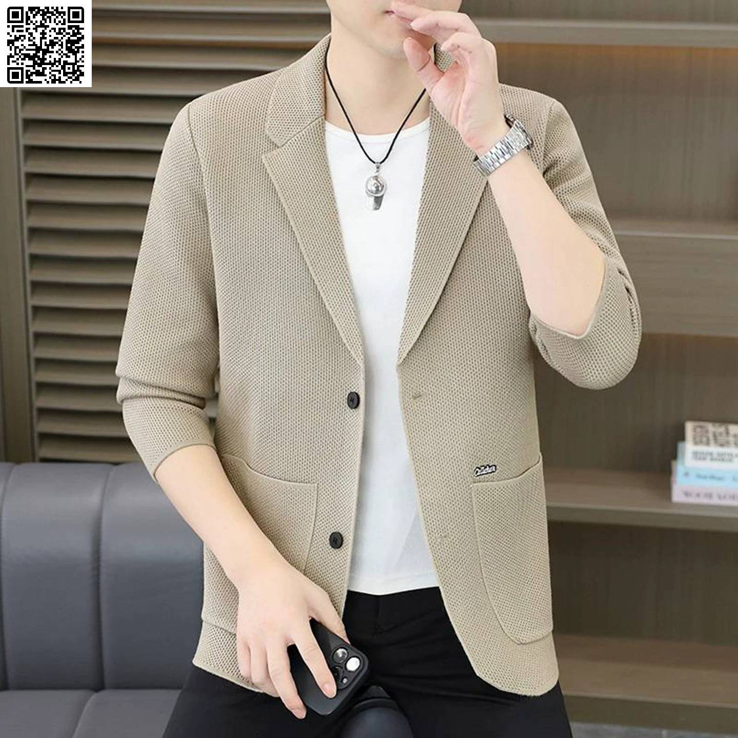 维乾男装纯色翻领男士休闲西装领开衫秋季新款长袖保暖针织衫毛衣