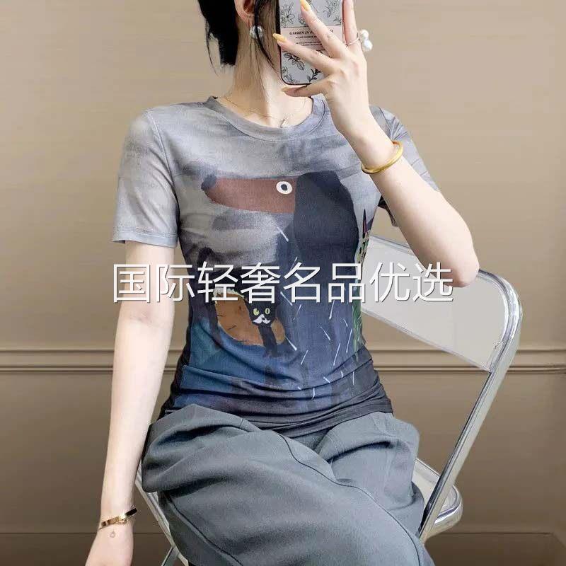 点击率欧式女装时尚圆领短袖T恤气质百搭印花弹力修身小衫女上衣