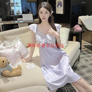 2025新款 睡裙女款 夏冰丝高级感紫色甜美蕾丝短裙睡衣带胸垫家居服