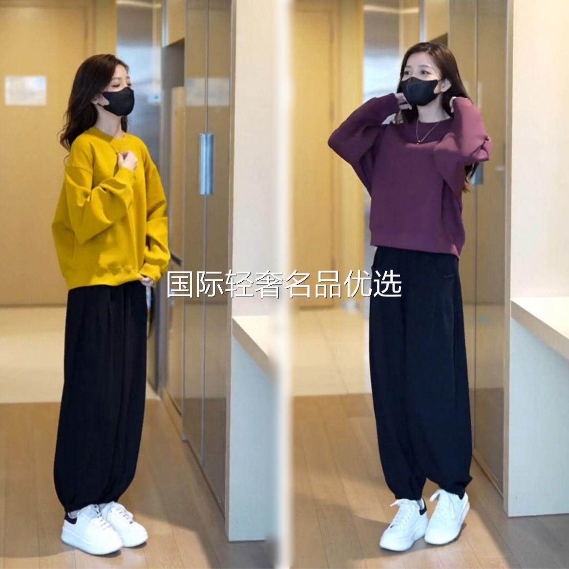 玟若服饰2026纯棉休闲风运动套装女士春秋季新款韩版圆领宽松卫衣