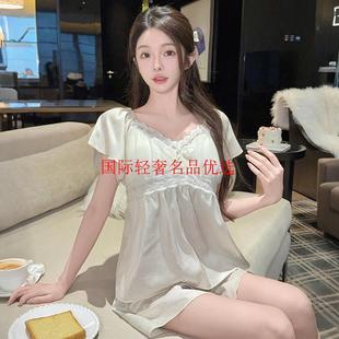 带胸垫外穿家居服 睡衣女款 2025新款 夏高级感冰丝甜美蕾丝短袖 套装