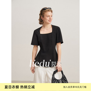 裂渡微胖大码女装法式气质方领正肩短袖T恤女春夏季收腰显瘦上衣