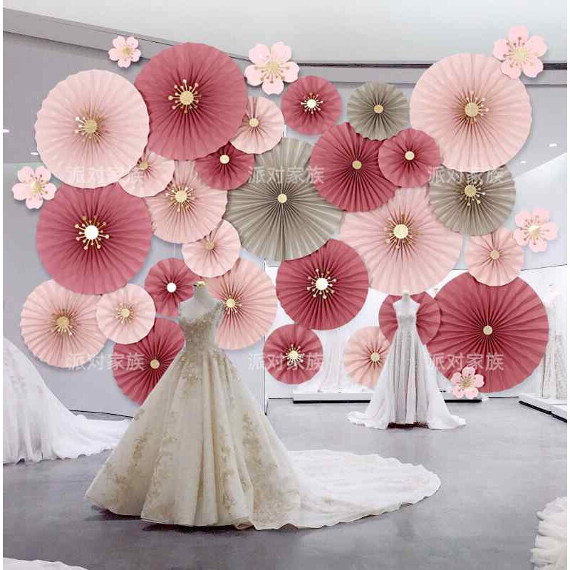 脏粉色dusty pink纸扇花商场珠宝店面橱窗吊件服装店七夕布置装饰