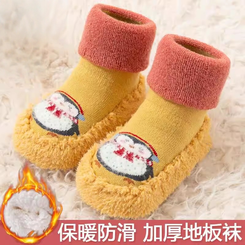 宝宝学步鞋袜秋冬儿童袜子加厚加绒防滑底婴儿地板袜中筒地板鞋袜