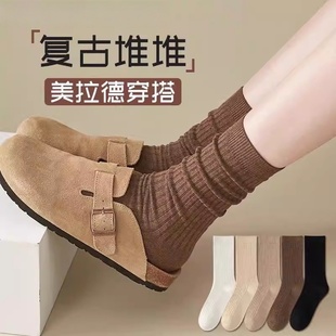 袜纯棉泡泡袜秋冬长袜 棕色覆古美拉德勃肯鞋 袜子女款 中筒袜春秋款