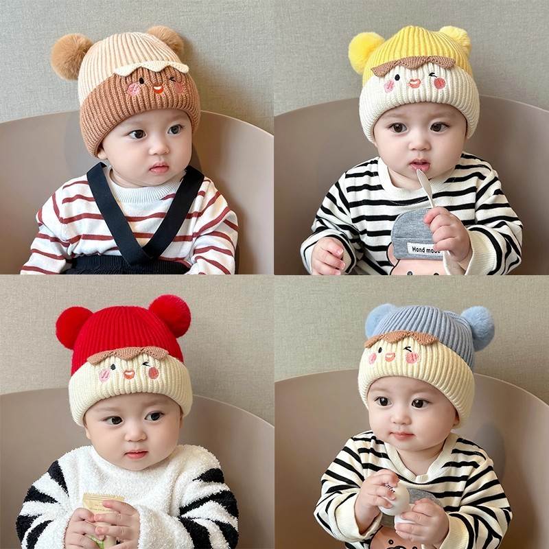 宝宝帽子秋冬季可爱毛球套头帽婴幼儿针织加厚毛线帽男女儿童保暖