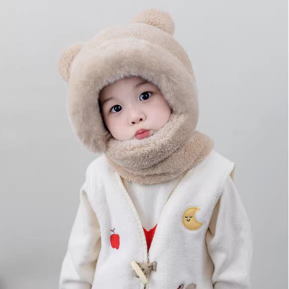 宝宝帽子秋冬季2025新款防风帽儿童护耳帽女孩围巾一体帽男童围脖
