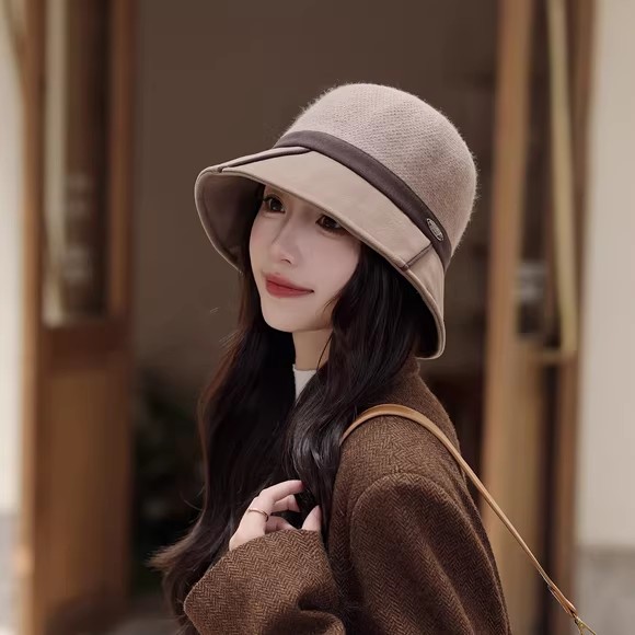 2025新款渔夫帽女秋冬加厚毛绒帽时尚女帽优雅时尚冬季盆帽显脸小