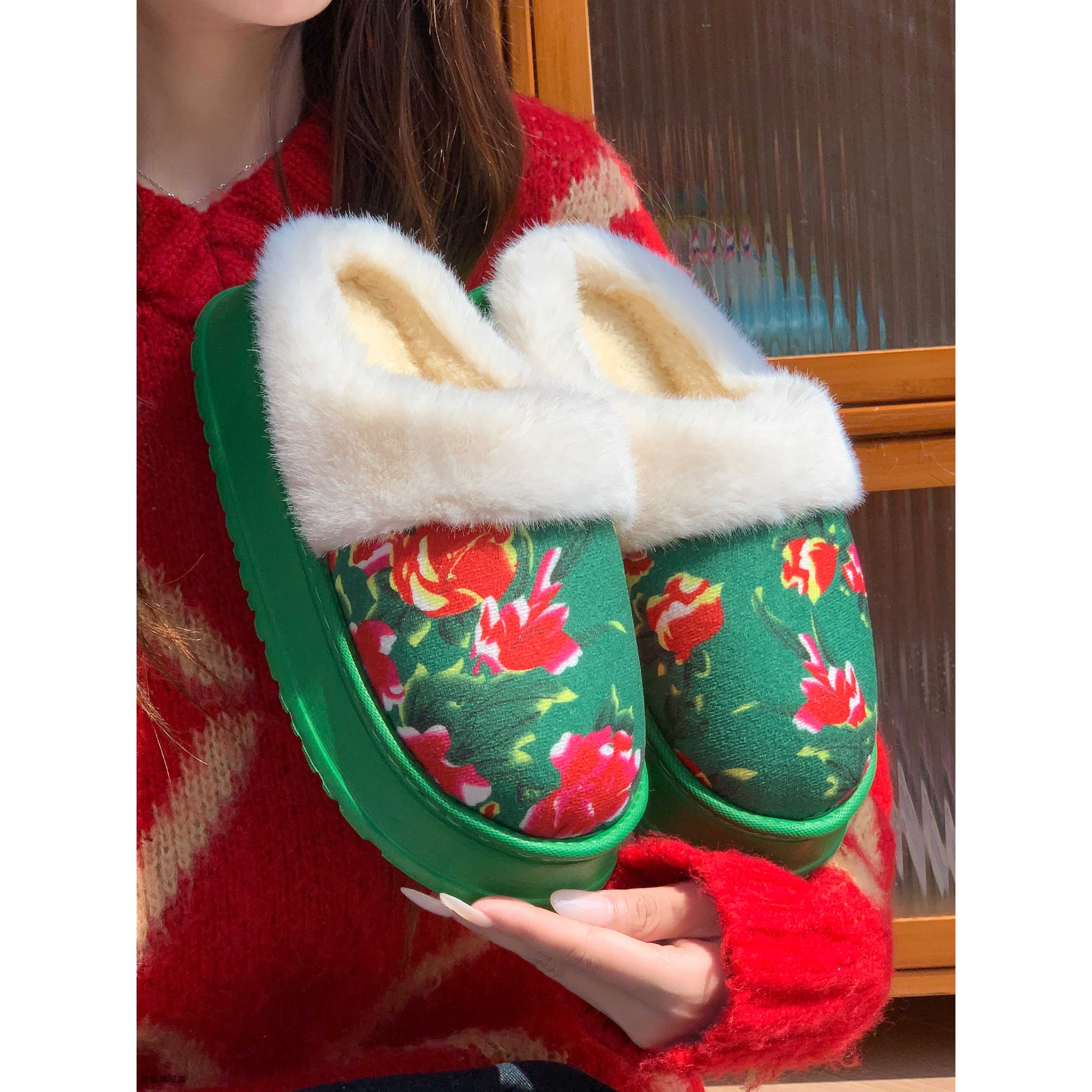 东北大花棉拖鞋女秋冬季加绒保暖防滑厚底居家室内毛绒拖鞋男冬天