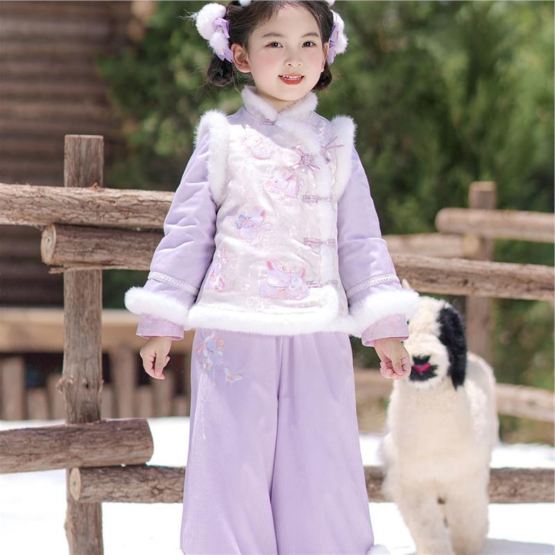 汉服女童冬新款国风加绒唐装加厚外套小女孩古装服刺绣拜年服套装