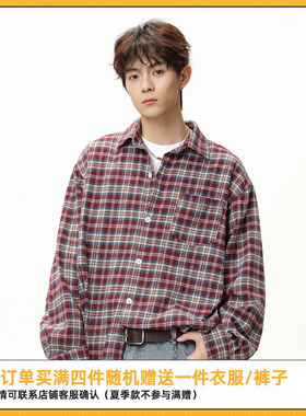 SYP日系不系男女秋冬美式复古撞色格纹基础格子翻领衬衣长袖衬衫