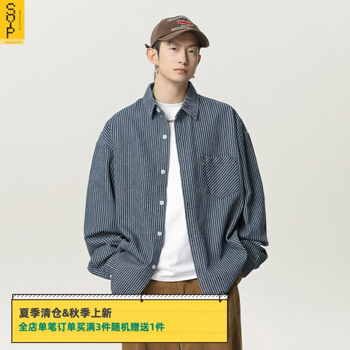 男女牛仔条纹衬衣长袖