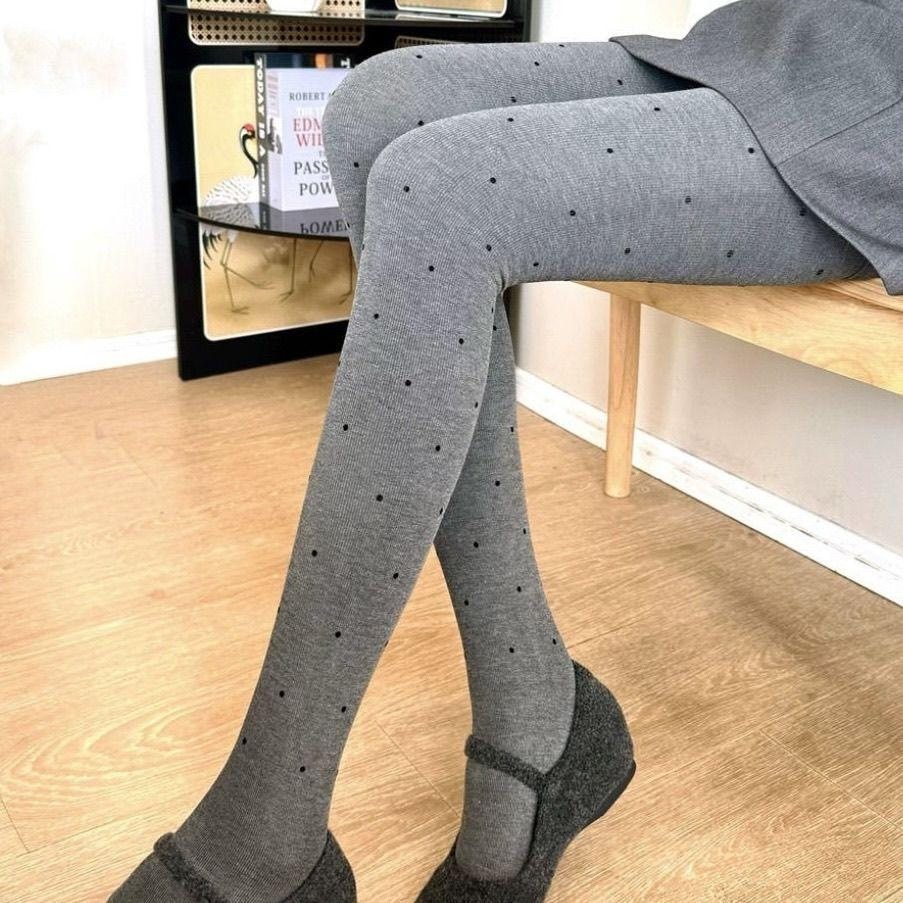 灰色波点加绒加厚打底裤袜女保暖外穿连裤袜秋显瘦压力袜子竖条纹