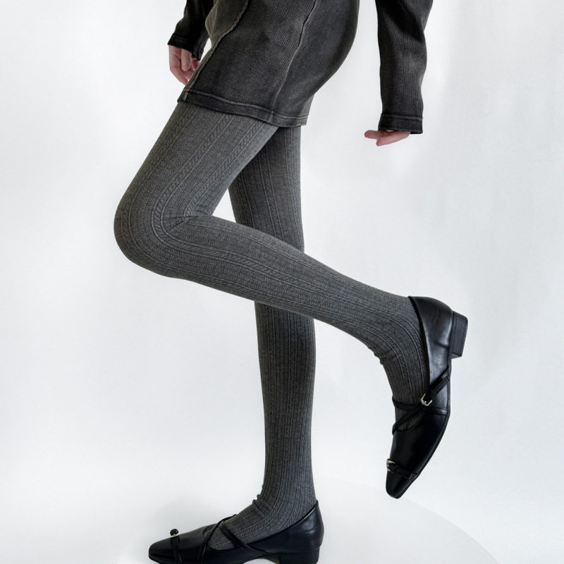 秋冬麦穗竖纹连裤袜女修身显瘦棉质打底袜裤灰色百搭美腿袜子春秋