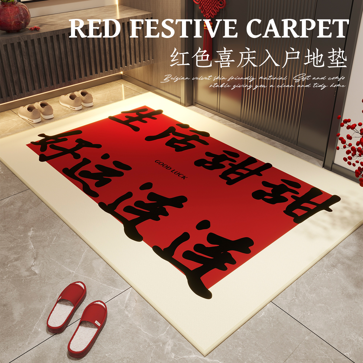 红色喜庆入户门地垫2025新款圈绒进门口脚垫家用防滑门垫玄关地毯