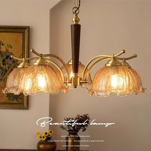 法式中古裂纹罩胡桃木色客厅吊灯