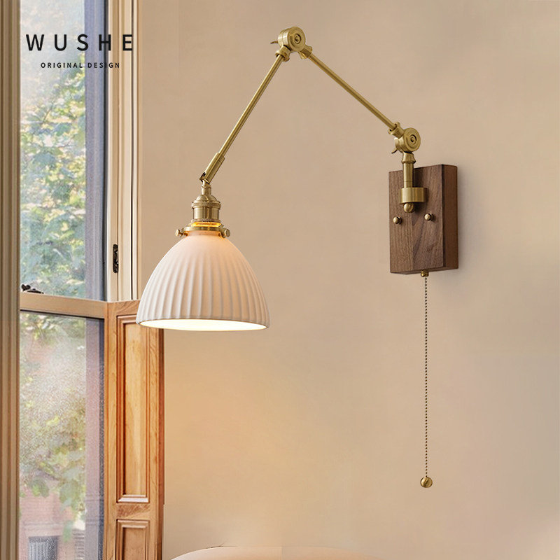 法式中古风卧室床头壁灯轻奢复古侘寂风黄铜摇臂伸缩客厅背景墙灯,家装灯饰光源,壁灯,淘宝优惠券,粉丝福利购,淘宝优惠卷