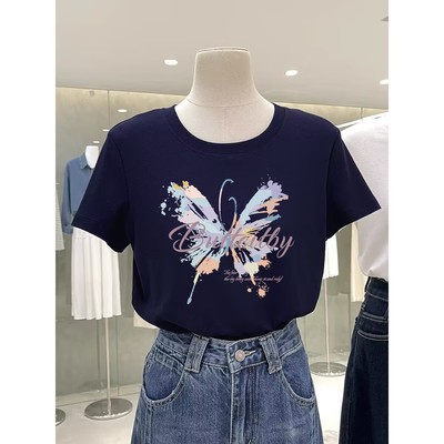 纯棉短袖t恤女2025新款爆款夏季时尚洋气减龄百搭正肩白色上衣ins