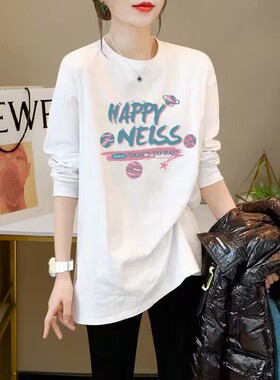 欧货大版白色长袖T恤女中长款宽松遮屁股鲨鱼裤搭配的上衣纯棉