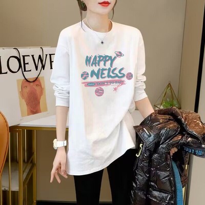 欧货大版白色长袖T恤女中长款宽松遮屁股鲨鱼裤搭配的上衣纯棉