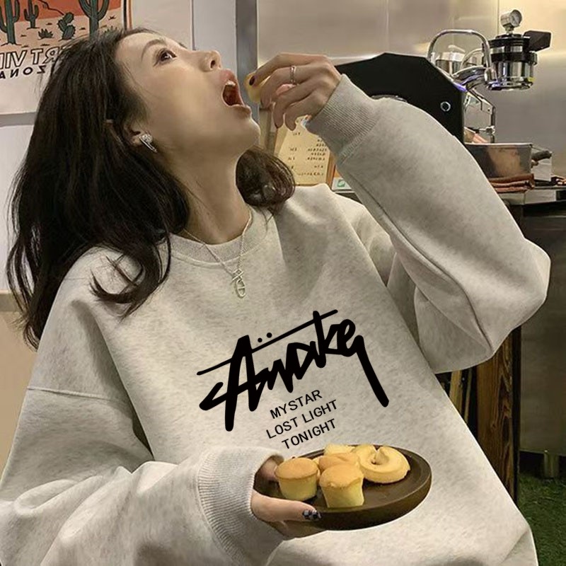 春秋冬新款简约字母时尚百搭慵懒风宽松oversize圆领卫衣女加绒