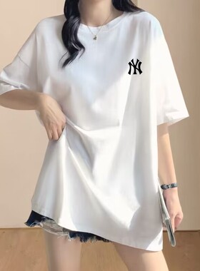 纯棉短袖T恤女夏白色简约中长款宽松下衣失踪闺蜜姐妹装半袖上衣