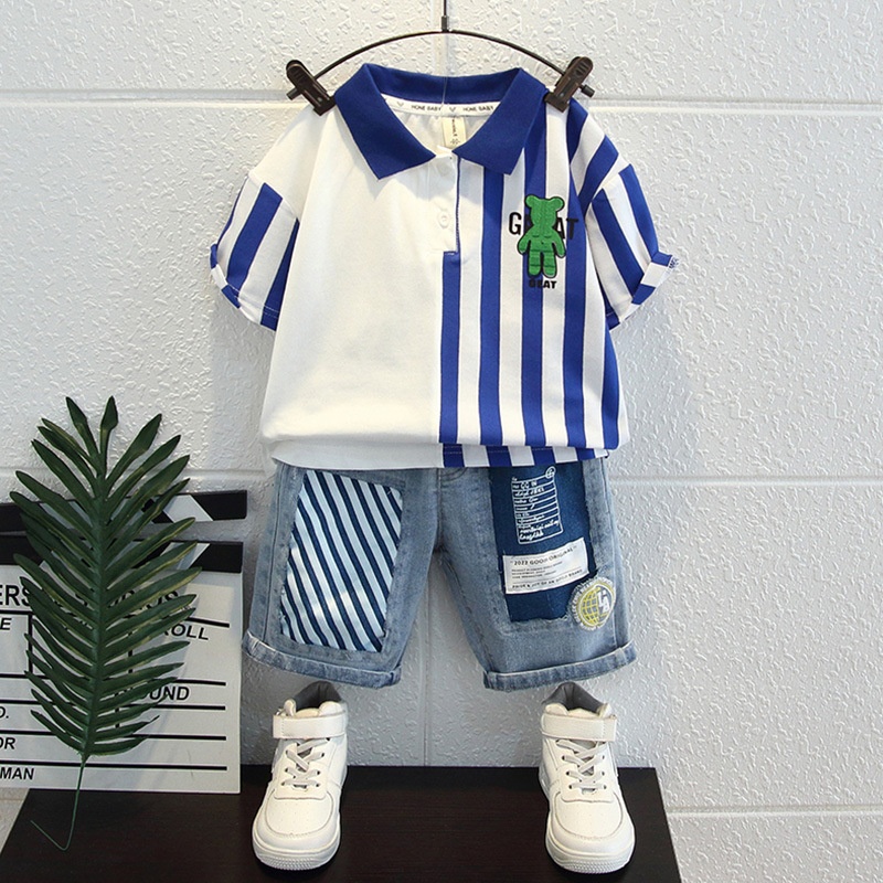 男童套装2024新款时尚潮童装学生版儿童两件套条纹POLO衫牛仔中裤