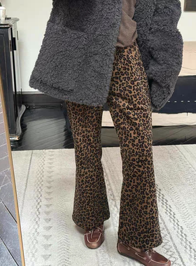 Owish 豹意思太显瘦 日本进口超细灯芯绒加厚/绒微喇豹纹印花长裤