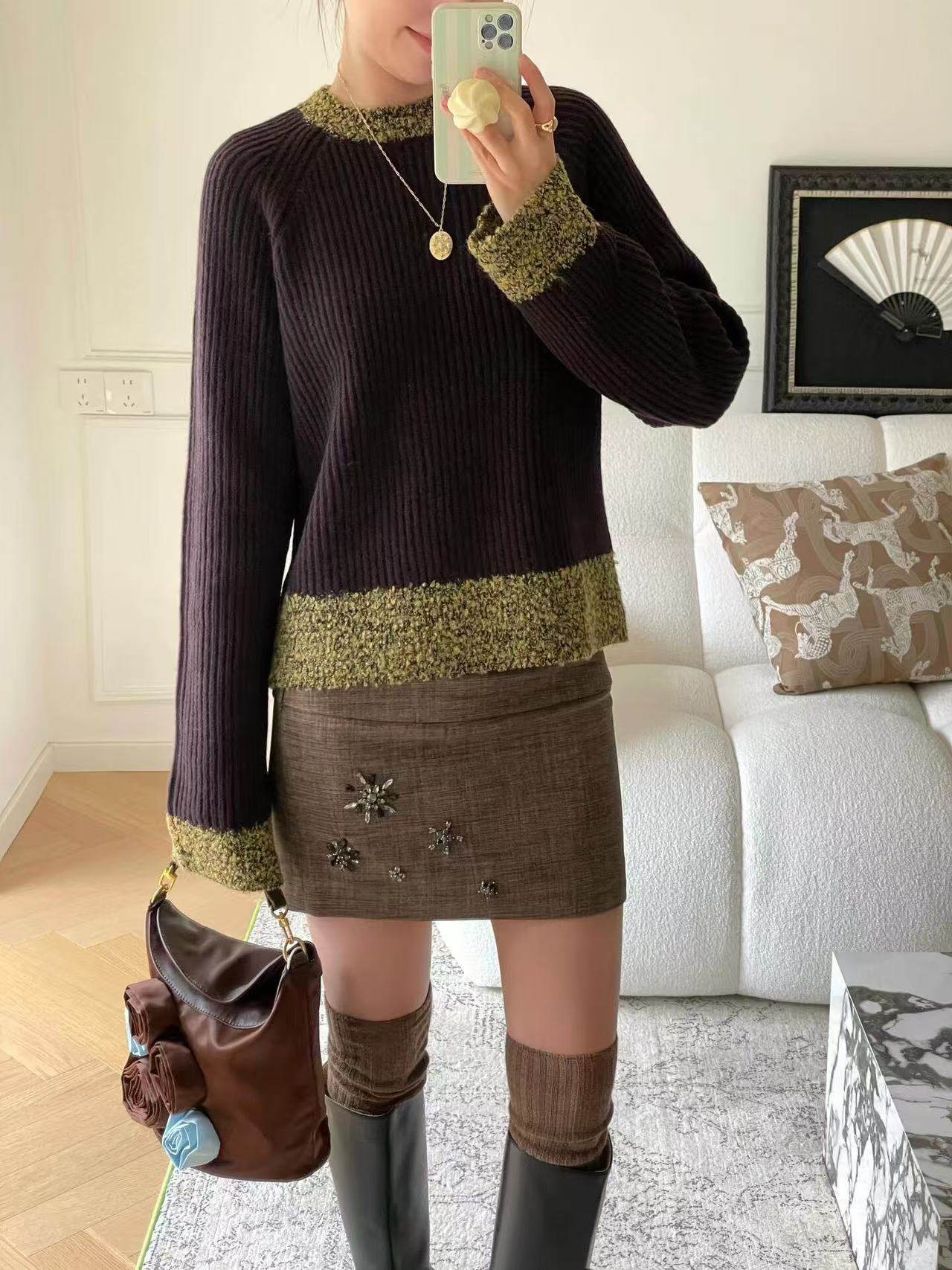 sage  撞色边羊毛坑条长袖毛衫圈圈纱毛织帽