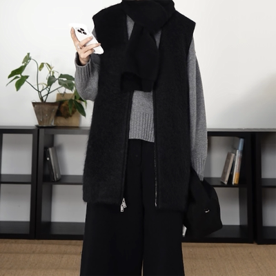 jaja秘鲁进口羊驼毛拉毛简约廓形百搭V领开衫马甲外套