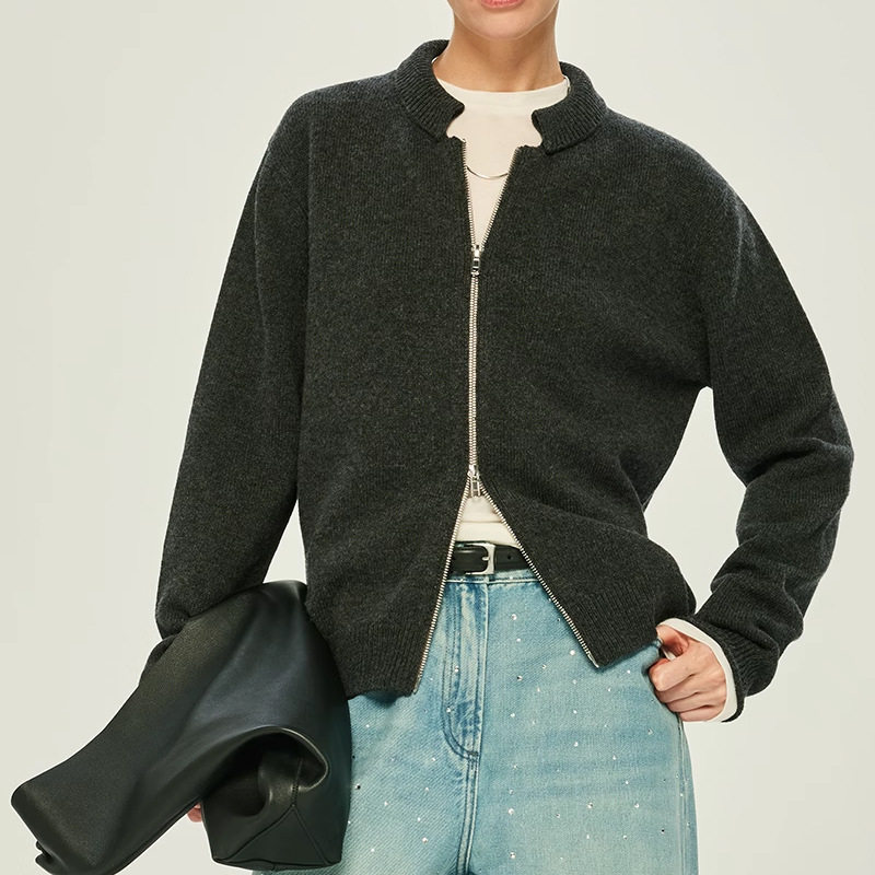 开间/高克重澳洲極细荃羊毛复古双层贝壳领双开拉链卷边针织开衫