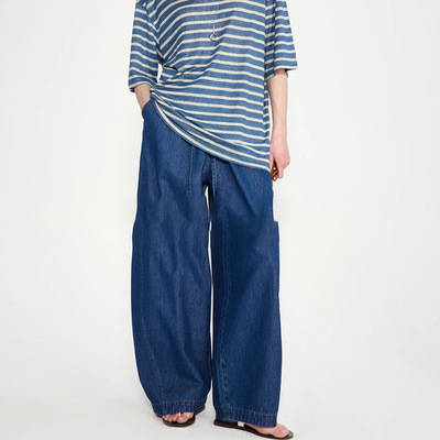 开间/福利回馈 轻解构分割抽绳松紧腰9分弧形全棉宽松企鹅牛仔裤