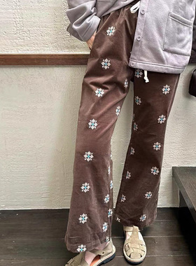 Owish 奈良少女秋冬 日本超细灯芯绒马赛克刺绣微喇超显瘦长裤