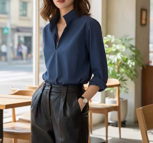 李慧儿巴黎折痕100%棉蓝色松弛随性翻领衬衫早秋长袖休闲上衣女