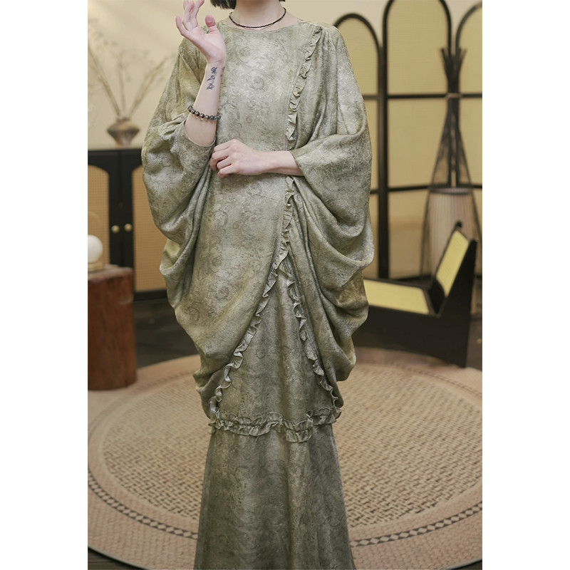 三吉【春雨烟】新中式国风人丝汝窑纹连衣裙子今年流行独特潮