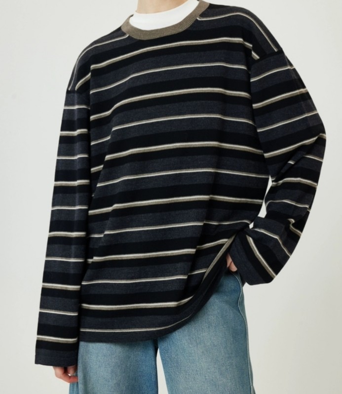 开间/INS爆火 德国BIELLA可水洗羊毛复古撞色彩条加厚廓形针织衫