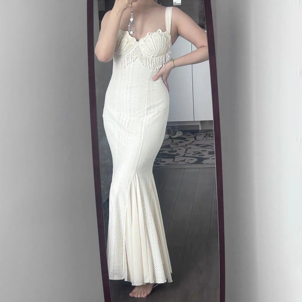 La 塞壬之歌 法式复古设计感贝壳弹力鱼尾裙吊带包臀连衣裙