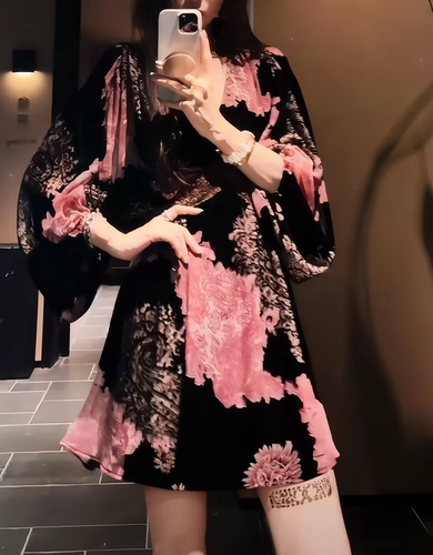 三吉黑花【螺黛】新中式丝绒烂花手工拼钻连衣裙子巨好看千金穿搭