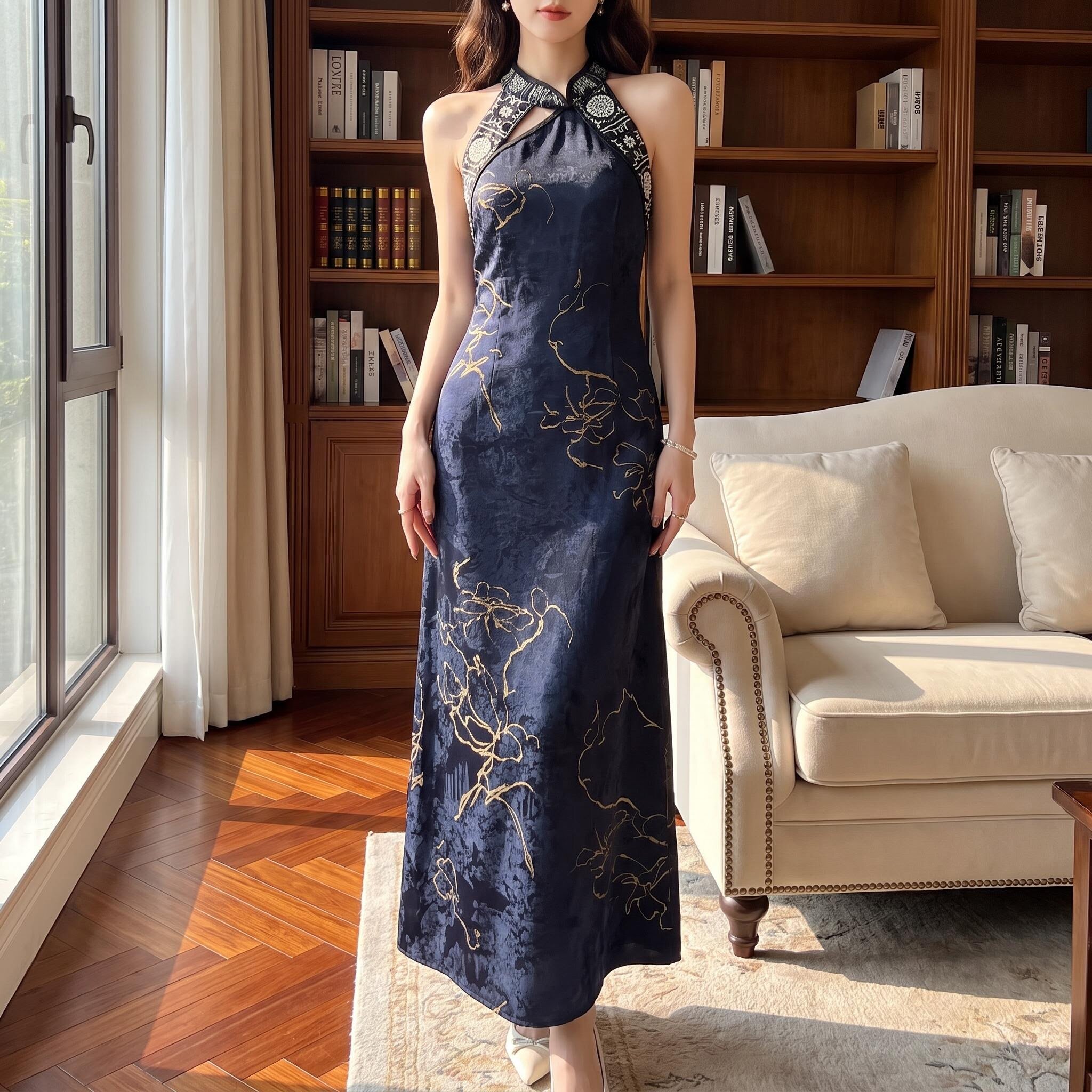 三吉黑花【玲珑客】新中式人丝烫金绣花挂脖旗袍女连衣裙子夏长裙