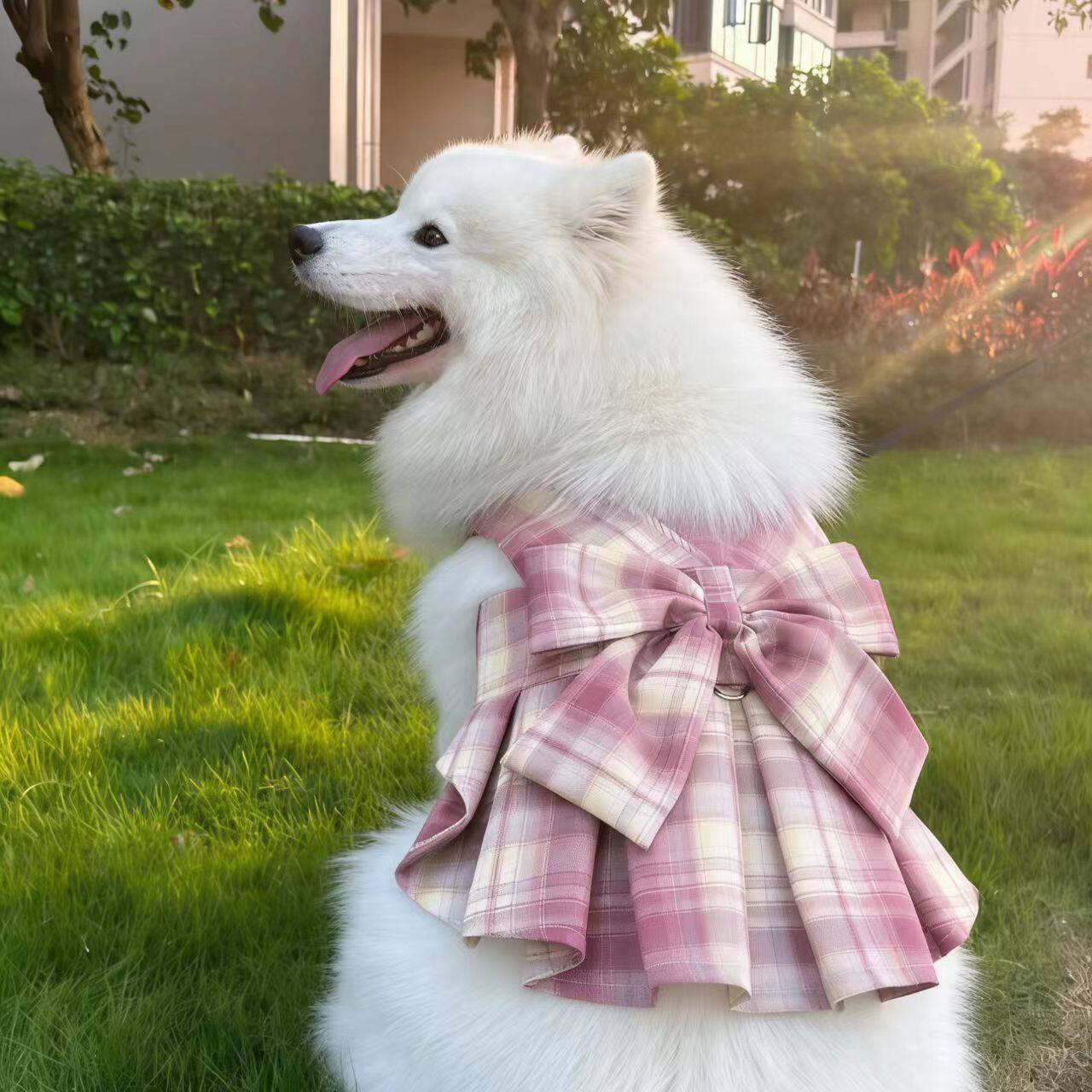 狗狗裙子夏季中大型犬巨贵金毛古牧宠物衣服JK格子吊带裙带牵引扣