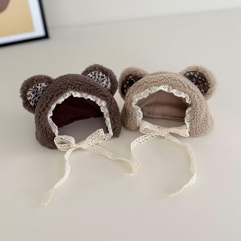 美拉德碎花帽子小熊纯棉蕾丝宠物头套冬季保暖秋冬狗狗猫咪装饰帽