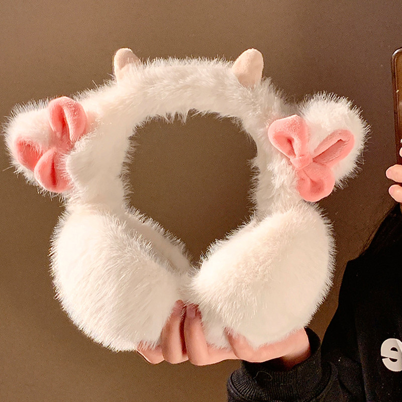 可爱蝴蝶结小羊毛绒耳罩女冬季保暖护耳套骑车防寒耳包耳暖耳捂子