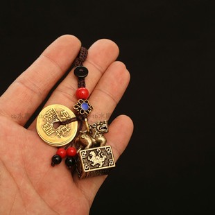 纯铜招财进宝麒麟印章黄铜印创意书包包挂件汽车钥匙扣钥匙链吊坠