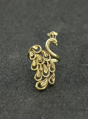 纯黄铜孔雀开屏戒指古铜女士开口